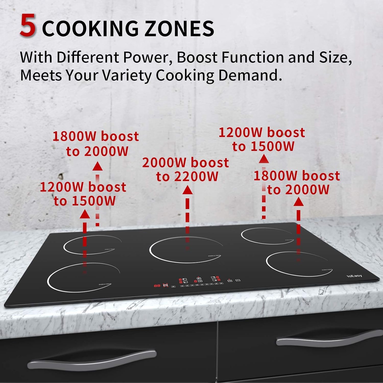 Plaque à Induction, Plaque de Cuisson à Induction Electrique - 8600W, Autarkic, 5 Foyers, 90cm, Encastrable, Intégré, Tactile, Minuteur, Verre-céramique - 5 Zone New – Image 3