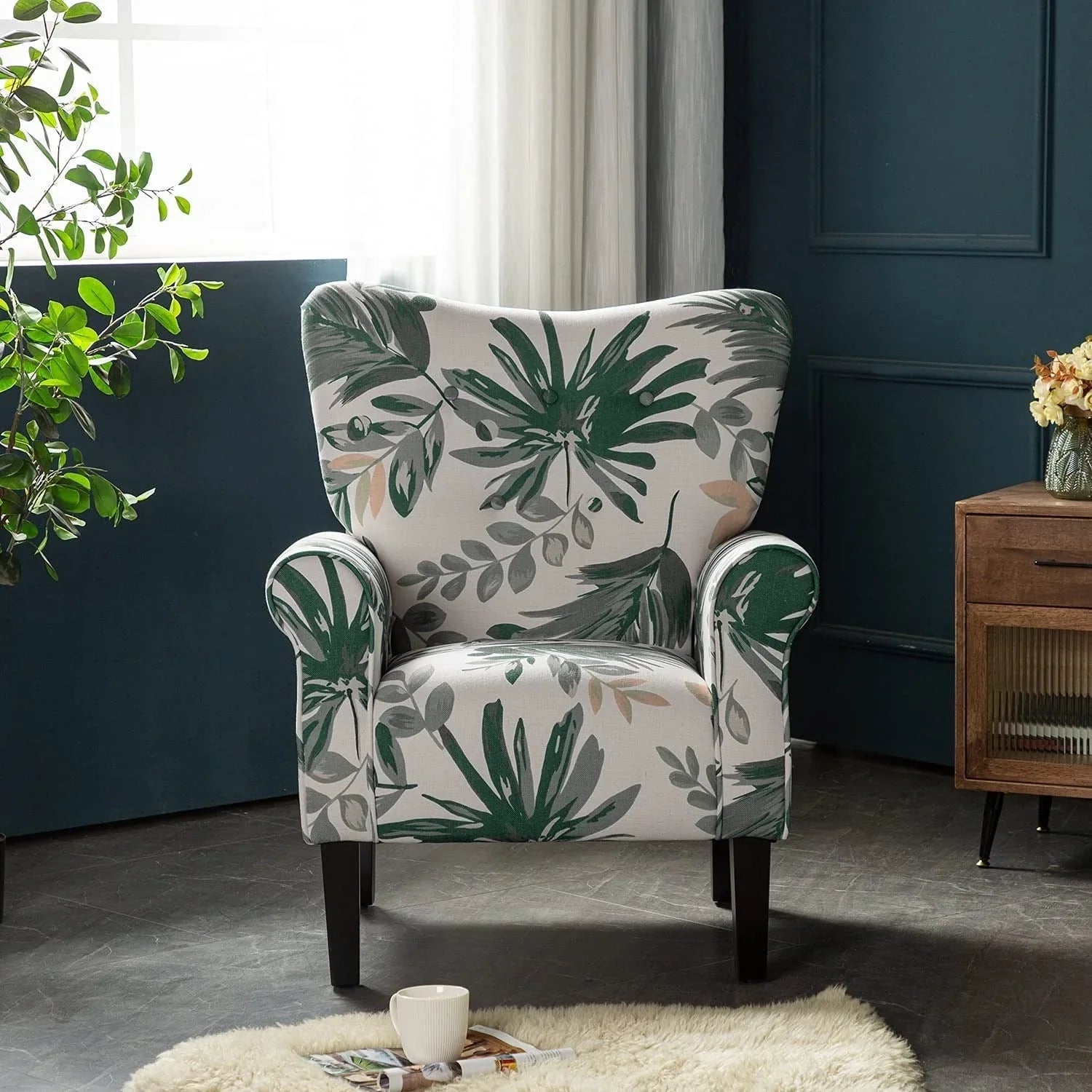 Erommy Modern Accent Chair, High Back Armchair, Upholstered Fabric Button Single Sofa with Wooden Legs for Living Room – Image 16