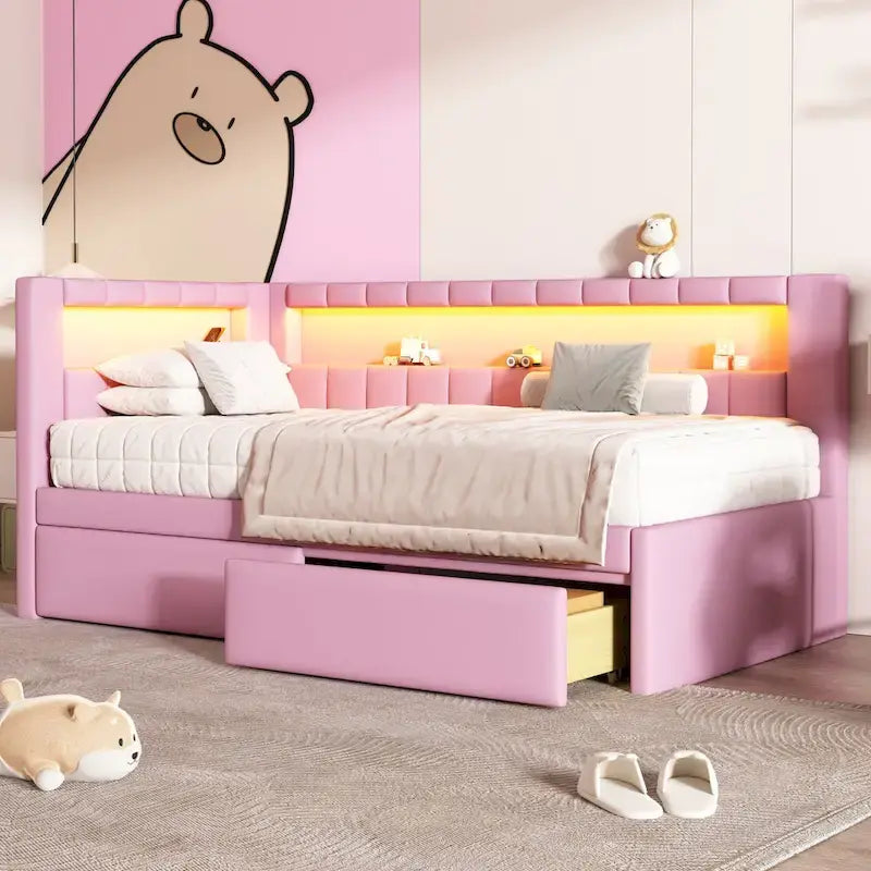 Upholstered Platform Bed with USB Ports & LED Lighting - Full/Twin Size Bed Frame with 2 Storage Drawers - Modern Bedroom – Image 19