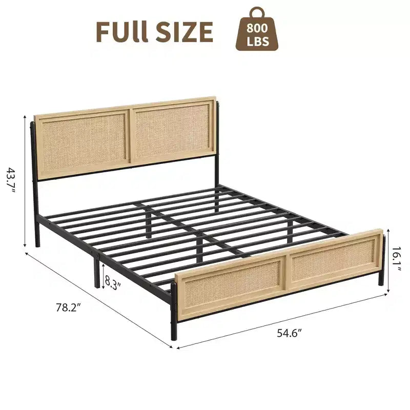 Coolmee Boho Full/Queen/King Size Bed Frame with Natural Rattan Headboard and Footboard, Wooden Platform Bed No Box Spring Needed, Noise-Free – Image 7