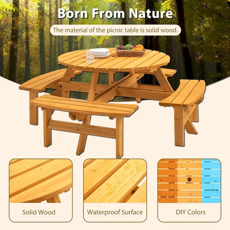 8-Person Outdoor Patio Fir Wood Round Picnic Dining Set with 4 Built-in Benches and Umbrella Hole – Image 18