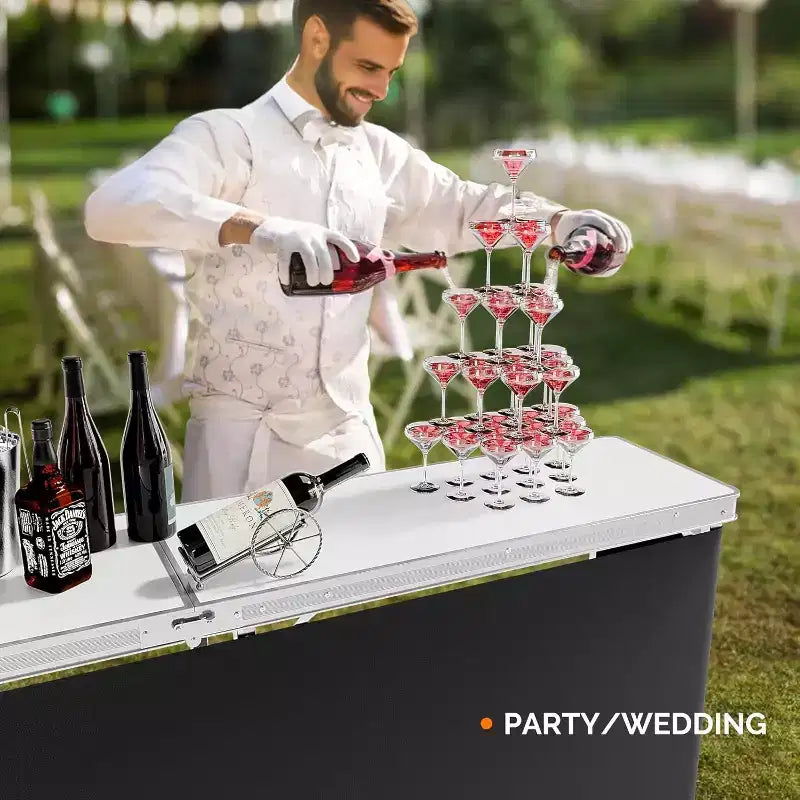 VINGLI 78 Portable Bar Table, 2-Tier Shelves, Mobile Bar Table for Events, Party, Camping, Picnic, Tradeshow, Indoor with Black Skirt – Image 2