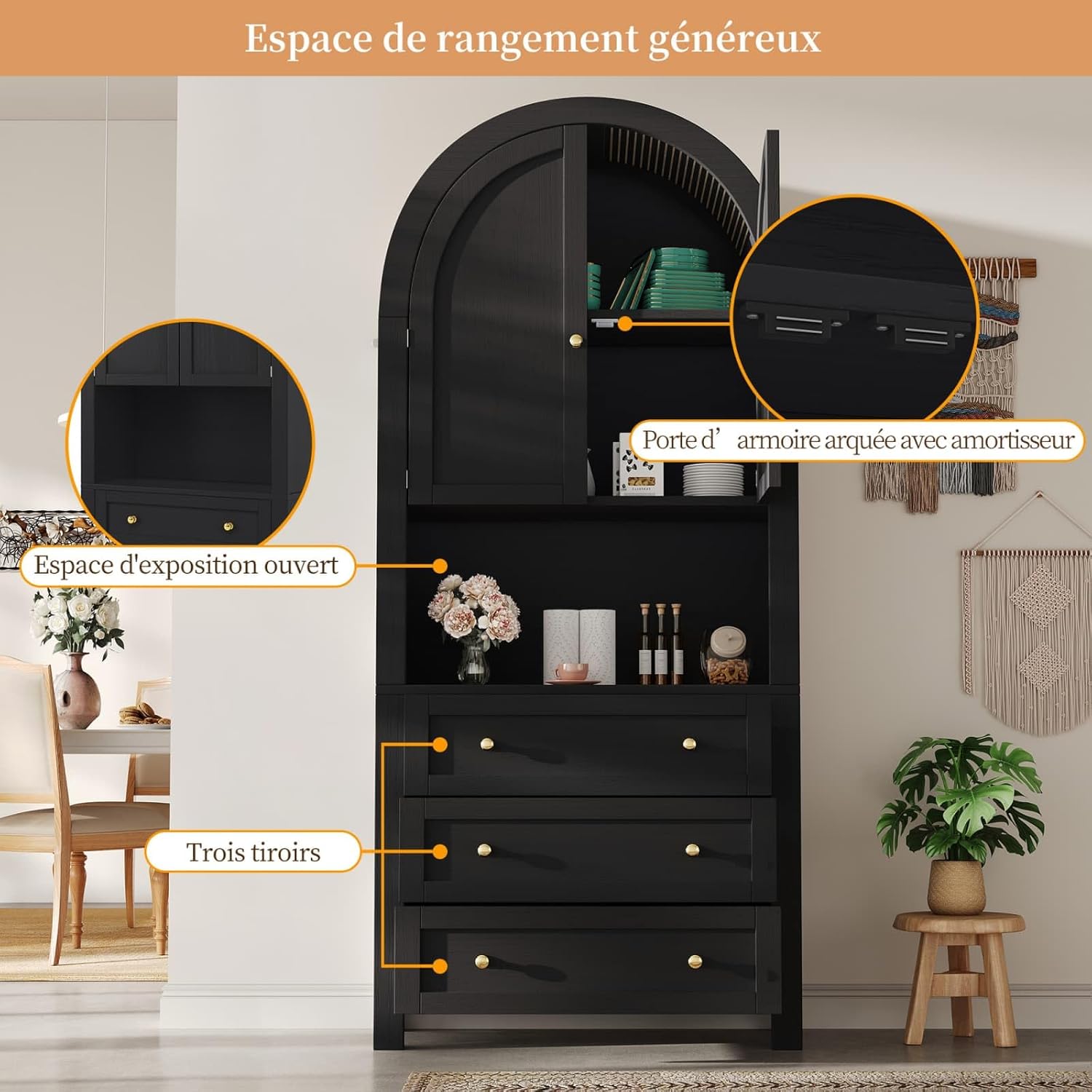 KOMHTOM Armoire de Rangement Haute, Armoire en Bois, Meuble de Rangement, Conception avec Dessus Incurvé, 3 Tiroirs, 2 Portes, pour Cuisine et Salon Noir – Image 7