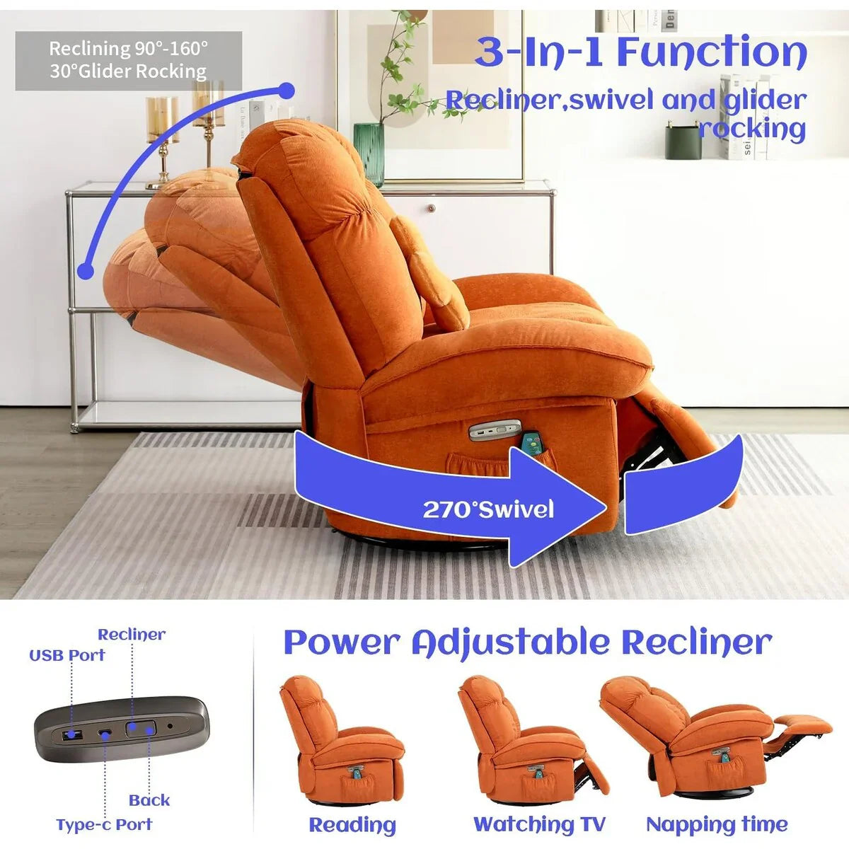 XINMICS Swivel Power Recliner Chair, Massage Rocker Recliners with Heated ,USB, USB-C and Side Pocket – Image 11