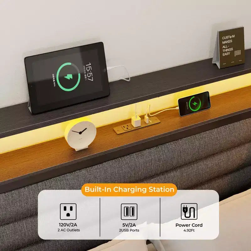 Black Full Bed Frame with LED Lights Charging Station Storage Bookcase 3 Drawers Upholstered Headboard Corner Daybed No Box Spring Support – Image 6