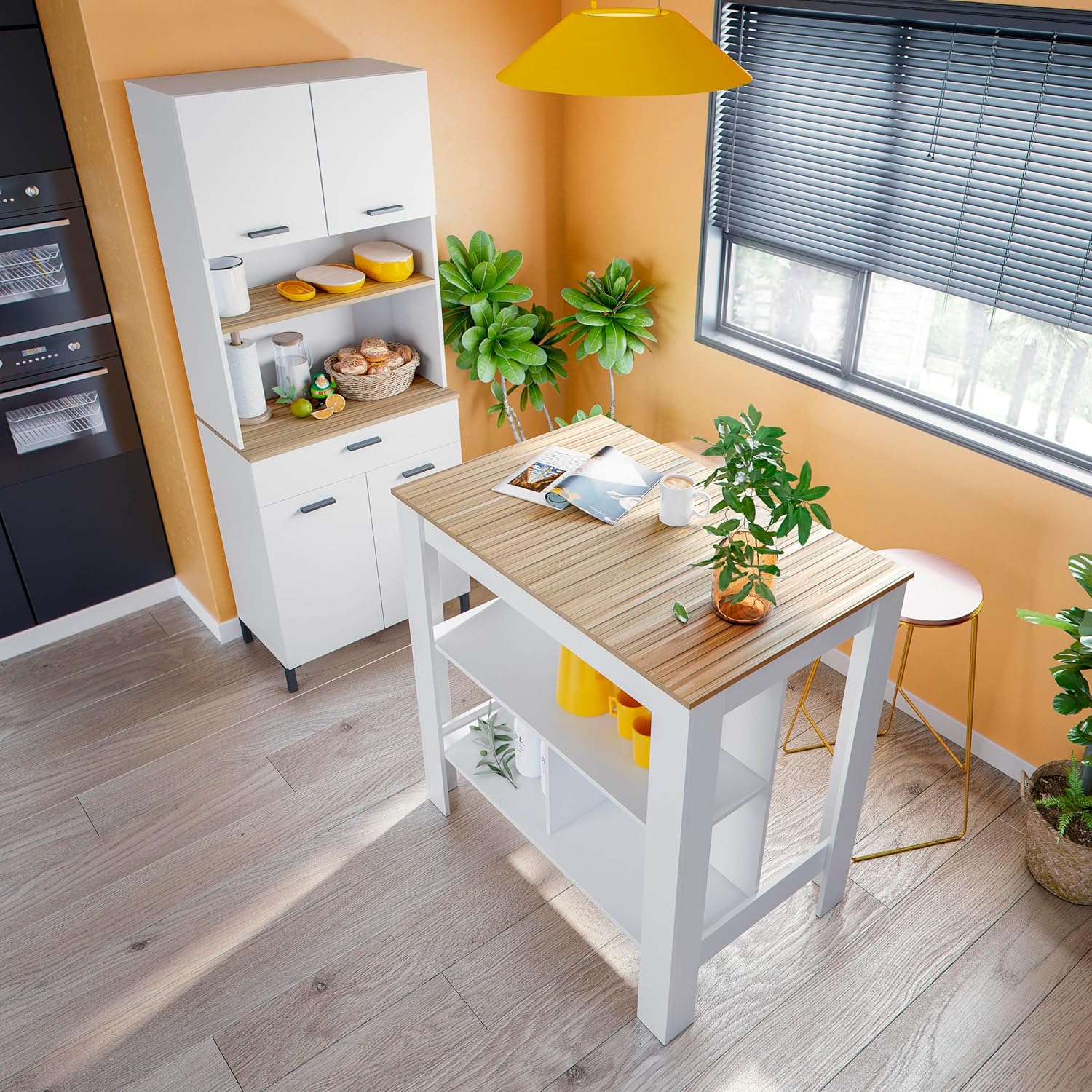 Habitdesign Modèle Kira Meuble de cuisine 4 portes + 1 tiroir Finition blanche Artik et naturel, dimensions : 185 x 72 x 40 cm H x l x P . – Image 2