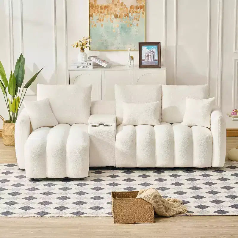 92 Teddy Fur Fabric Corner Sofa with Center Console, USB Ports & Coffee Table - White