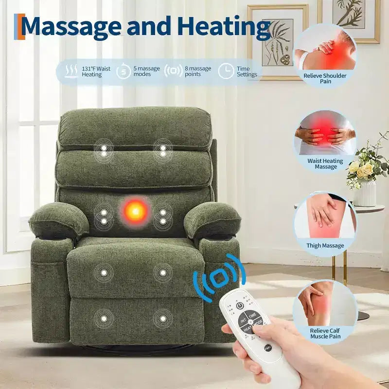 Massage Rocker Recliner with Heating, 360 Swivel Glider Recliner Chairs for Adults, Linen Nursery Chair with Side Pocket, Two Cup Holders – Image 14