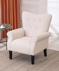 Erommy Modern Accent Chair, High Back Armchair, Upholstered Fabric Button Single Sofa with Wooden Legs for Living Room