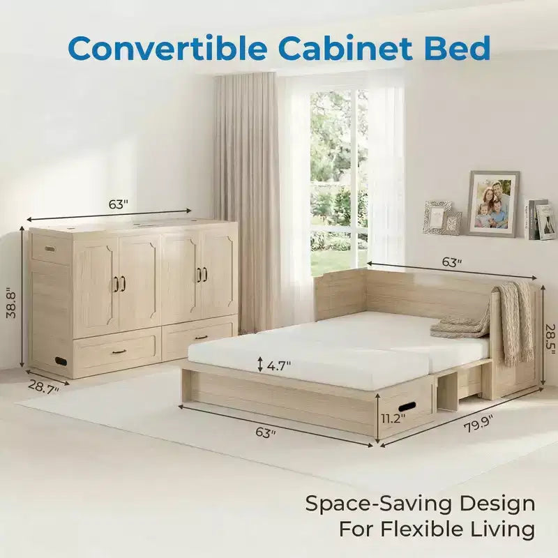 Mjkone Queen Size Convertible Murphy Cabinet Bed with Mattress, USB Charging, Storage Drawers – Image 12