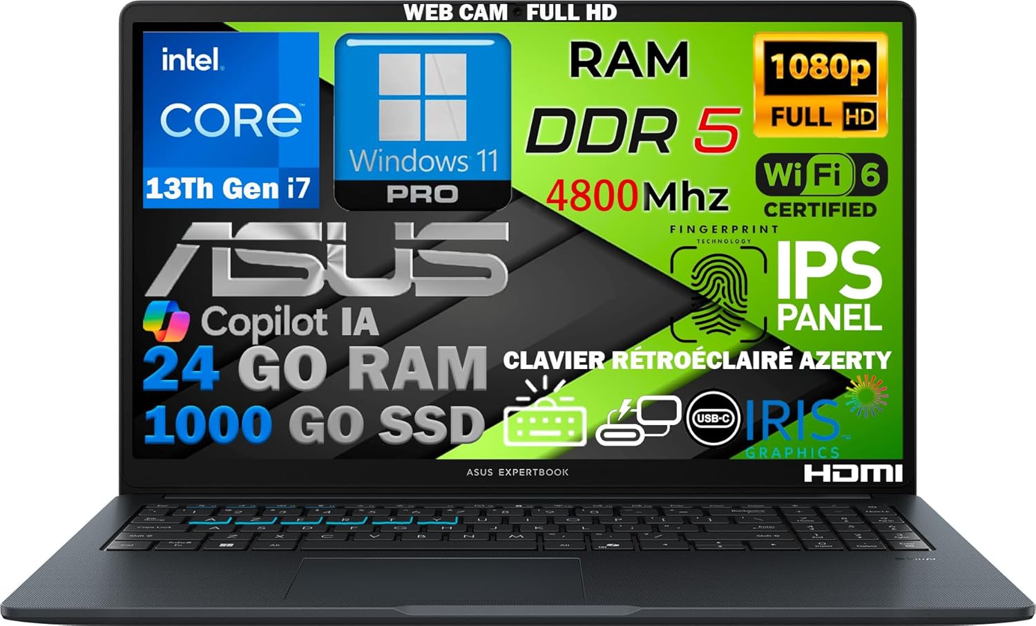 Ordinateur PortableCore i7 13ᵉ Gén 10 Cœurs, RAM 24Go DDR5, SSD 1To, Écran 15.6 FHD IPS, WiFi 6E, Copilot IA, Webcam 1080p, Clavier AZERTY Rétroéclairé, Empreinte Digitale, Win 11 Pro