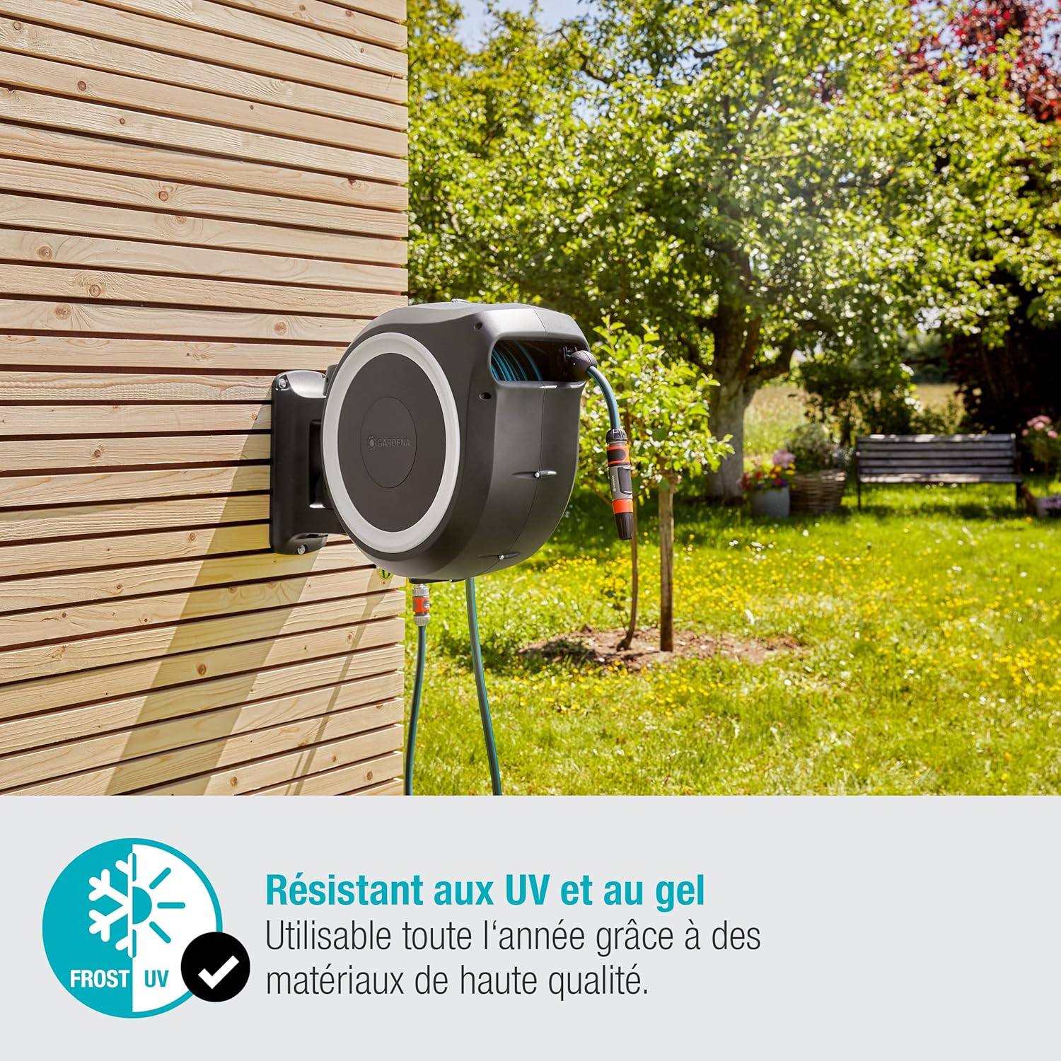 Gardena Enrouleur de Tuyau Mural Rollup L (Blanc) – Longueur 30m – Ø13mm– Garantie 5 Ans– Dévidoir pivotant à 180°– Kit Complet avec Lance, raccord, Tuyau et Support Mural Inclus (18627-20) – Image 6