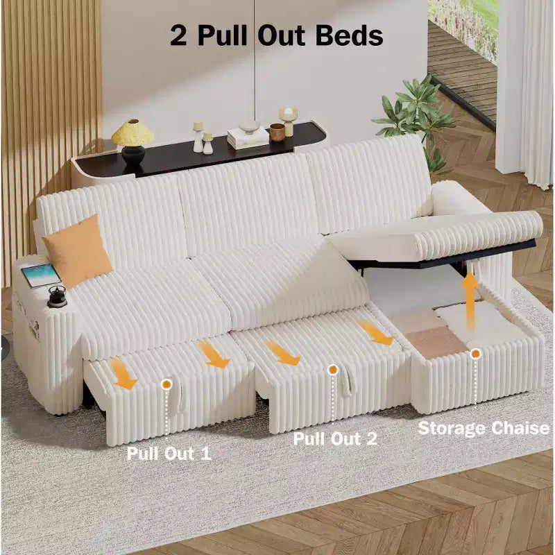 L-Shaped Sectional Sleeper Sofa with Pull-Out Bed, USB Ports & Storage – Image 7