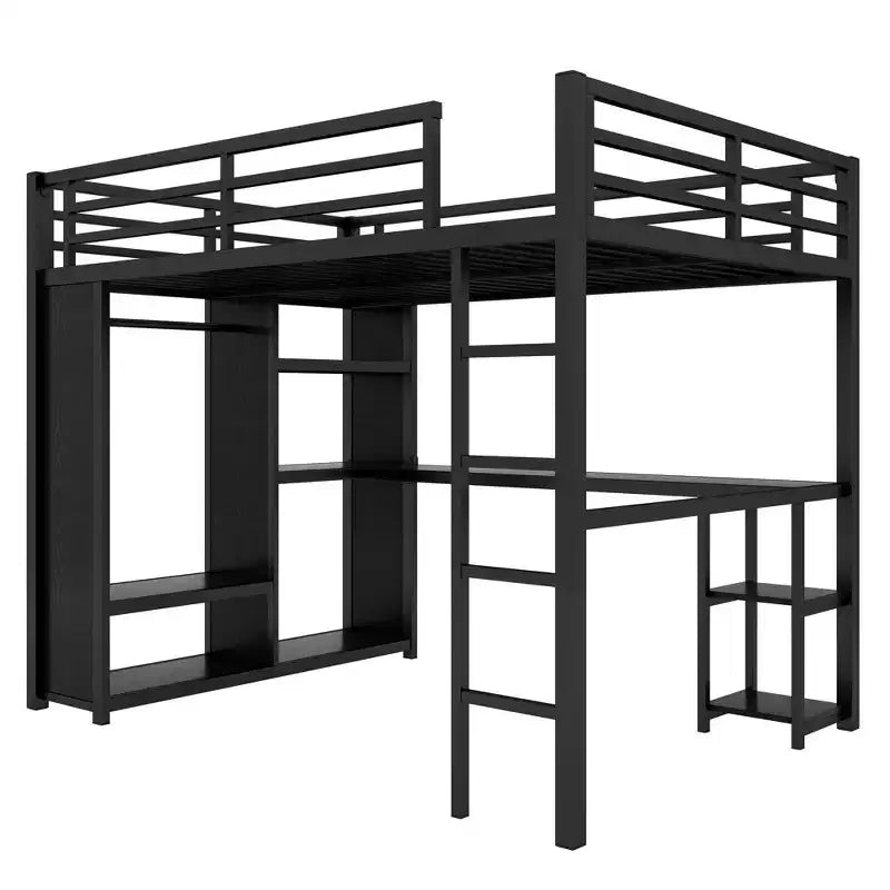 Queen Size Loft Bed Frame with Built-in Wardrobe Metal Loft Bed with Desk and Storage Shelves Black – Image 4
