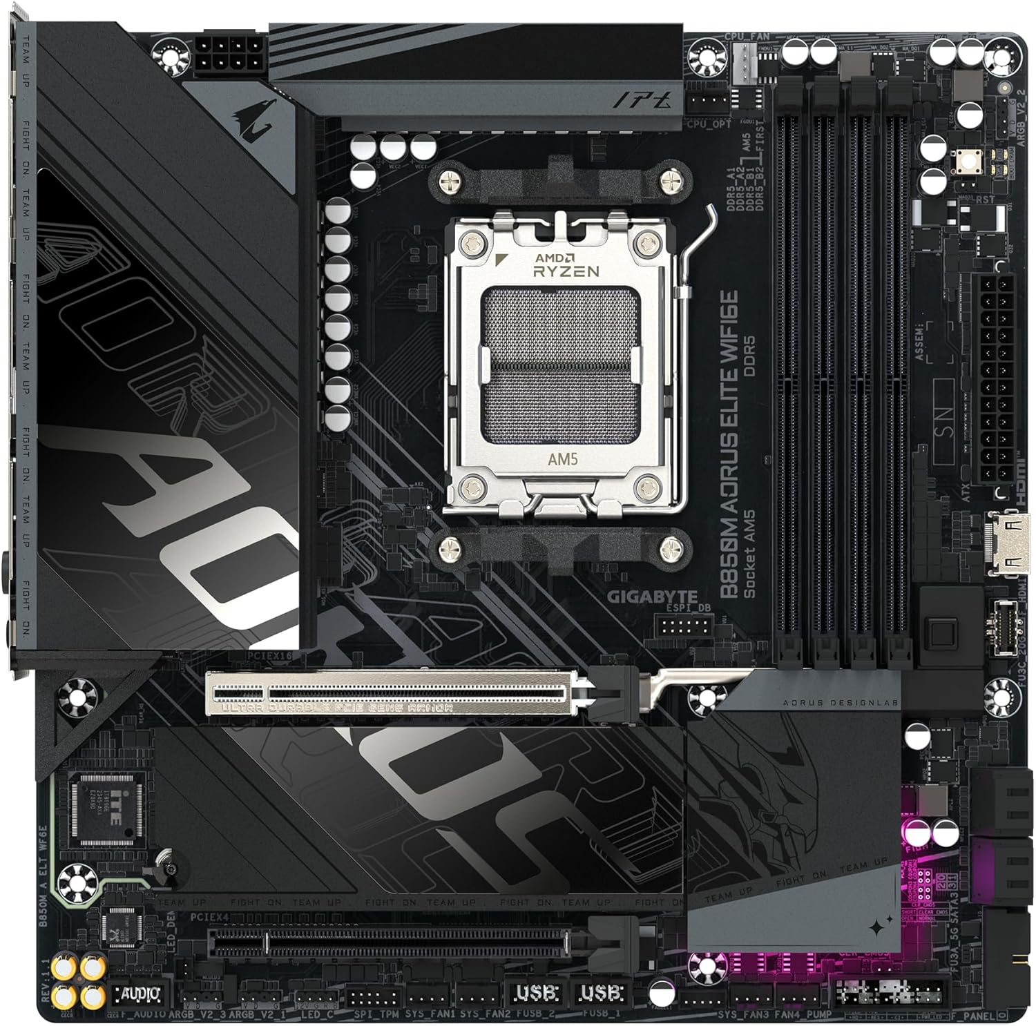 GIGABYTE B850M AORUS Elite WIFI6E Carte mère - Processeurs AMD Ryzen série 9000, VRM numérique 12+2+2 Phases, jusqu'à 8200 MHz DDR5 (O.C.), 1x M.2 PCIe 5.0 + 1x M.2 PCIe 4.0, Wi-FI 6E, LAN 2.5 GbE – Image 2