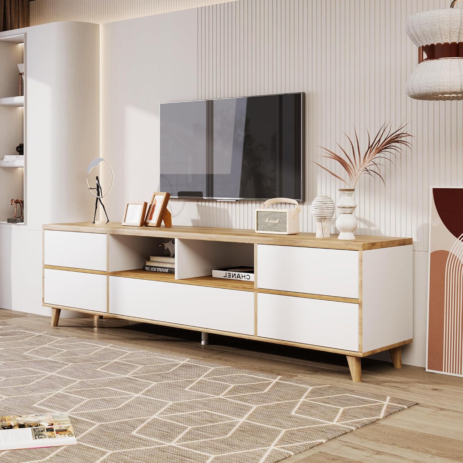 BTM Meuble TV Rustique, Banc TV avec Compartiments et Portes,pour Salon, Salle à Manger, Chambre, Rangement Pratique,Blanc et Bois Naturel,175x37x51cm – Image 2