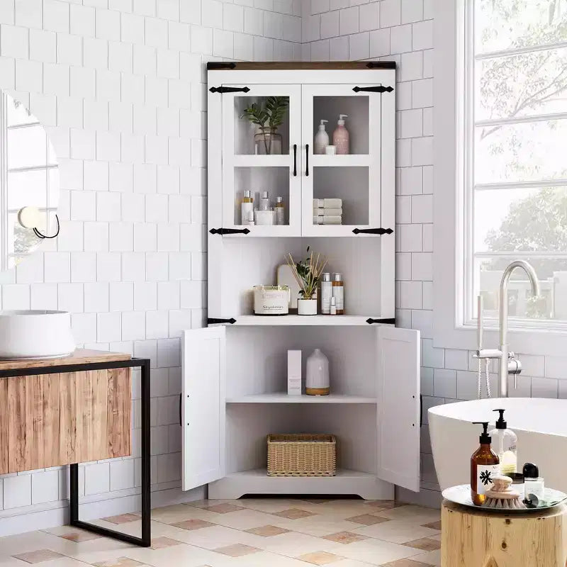 67 in Tall Corner Storage Cabinet with Lights, Farmhouse Corner Hutch Display Cabinet with Glass Doors, Wooden Storage Organizer for Kitchen, Bathroom – Image 20