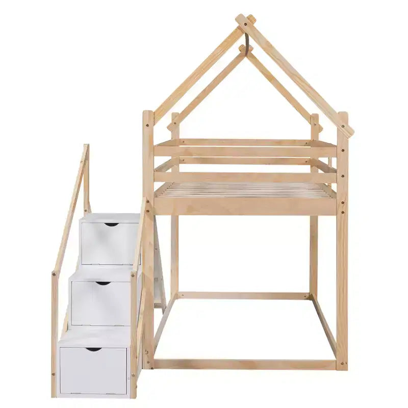 House Bunk Beds with Slide and Storage Stairs, Kids Wood Twin over Twin Bunk Bed with Roof and Stairs for Girls Boys – Image 8