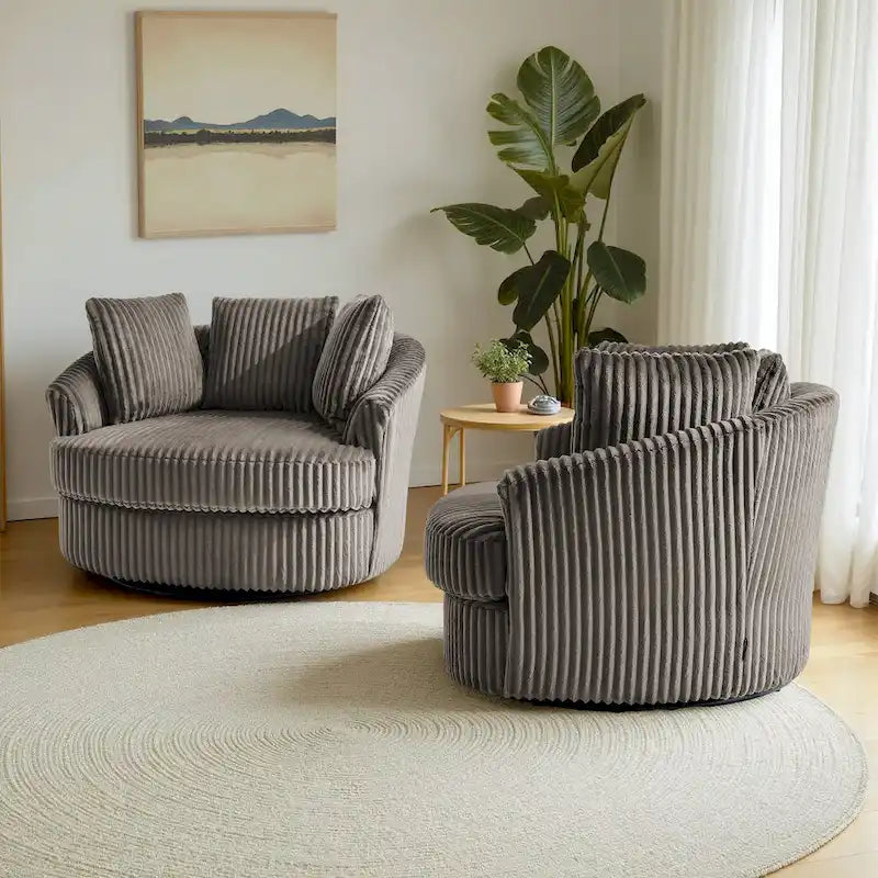 2 Set Oversized 43 W Plush Corduroy Swivel Barrel Chair with Pillows – Image 10