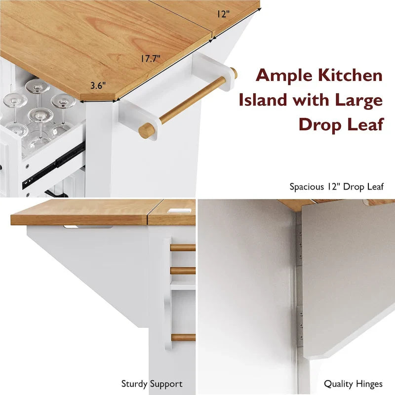 Expandable Drop-Leaf Kitchen Island, Kitchen Cart on 4 Wheels with Power Outlet, Moveable Island Table with 2 Door & 6 Drawers – Image 30