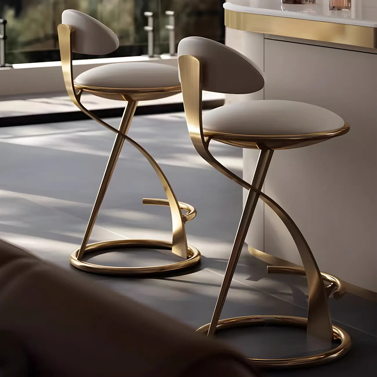Luxury Gold Metal Frame Sleek Beige Leather Bar Stool – Image 13