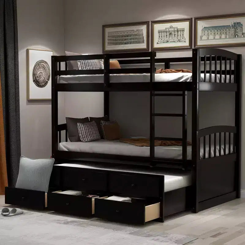 Twin Bunk Bed with Ladder, Safety Rail, Twin Trundle Bed with 3 Drawers for Teens Bedroom, Guest Room Furniture – Image 2