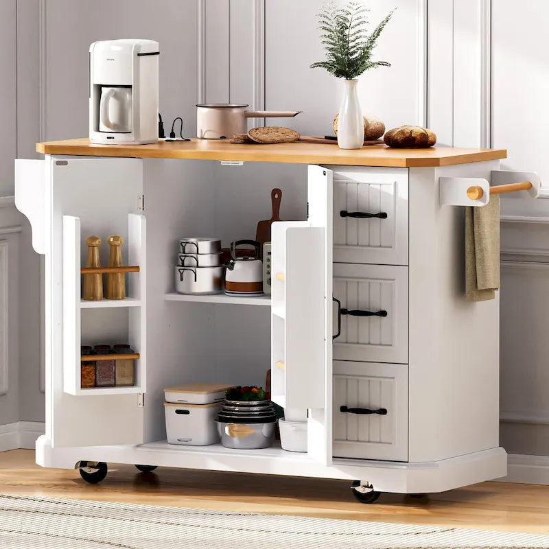 Expandable Drop-Leaf Kitchen Island, Kitchen Cart on 4 Wheels with Power Outlet, Moveable Island Table with 2 Door & 6 Drawers – Image 26