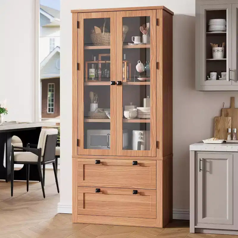Farmhouse Kitchen Pantry Cabinet with Glass Doors, 72in Storage Cupboard with Drawers and Adjustable Shelves for Dining Room Bathroom Living Room – Image 4