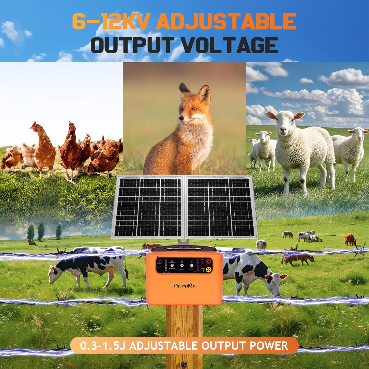 FarmNix 48KM Électrificateur Clôture Electrique Solaire, 6KV-12KV avec Panneau Solaire 15W & Batterie 7Ah 12V, 0.3-1.5J pour élevage d'animaux de berger, pour ferme, pâturage, jardin – Image 5