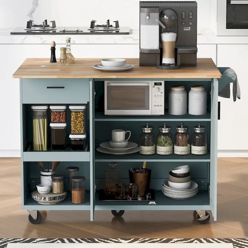 Kitchen Island with Foldable Counter Top, Kitchen Storage Cart with Slide-Out Shelf, Towel Rack and Drawer, Rolling Wheels – Image 2
