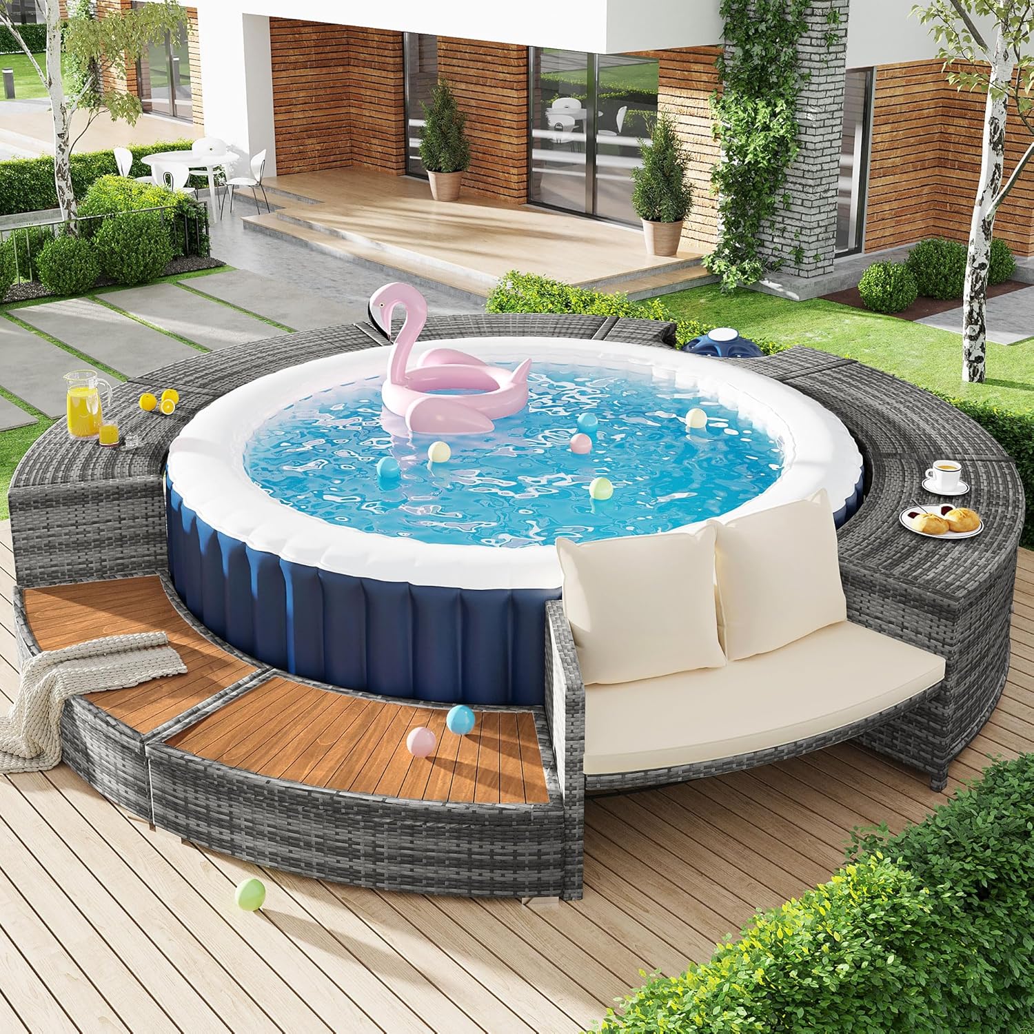 Spa Piscine Salon de Jardin Bordure de Piscine PE Gris Rotin et Bois d'acacia avec Espace de Rangement Salon Salon pour Jacuzzi et Piscine – Image 2
