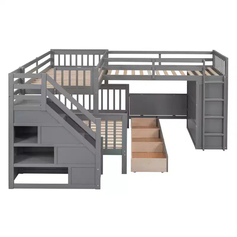 Whisen Modern Design Twin over Full L-Shaped Bunk Bed With 3 Drawers, Portable Desk and Wardrobe – Image 33