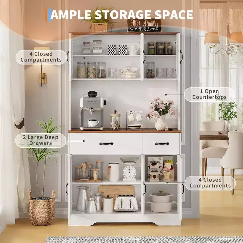 71 Kitchen Pantry Cabinet with Charging Station, Large Countertop, Microwave Stand & 2 Drawers,Hutch Storage for Dining & Living Room – Image 9