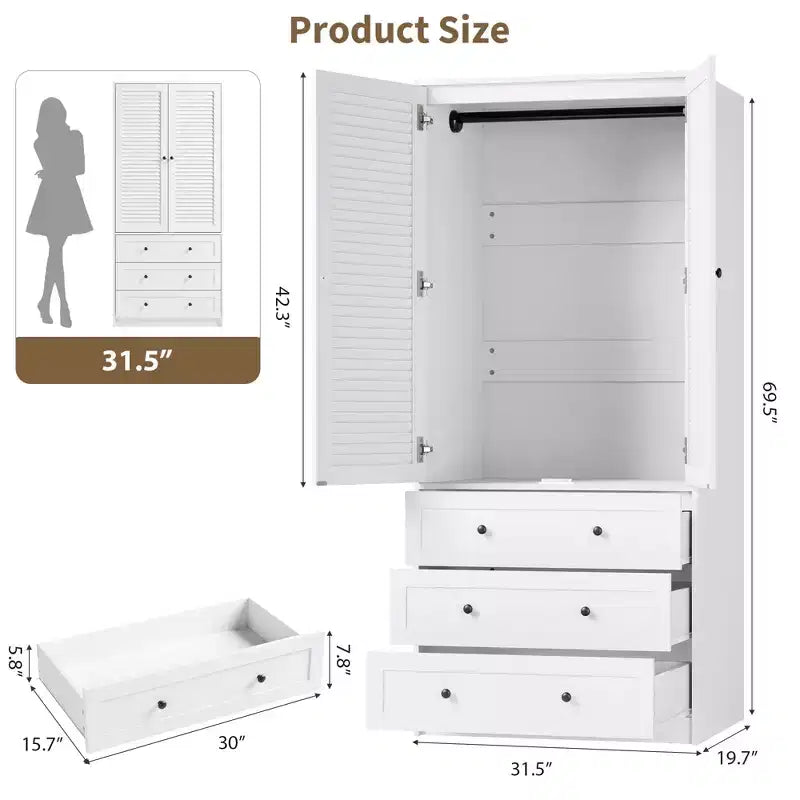 COZONY Armoire Wardrobe with 3 Drawers & 2 Doors, Modern Wooden Closet Cabinet for Bedroom, Heavy Duty White Standing Armoire – Image 17