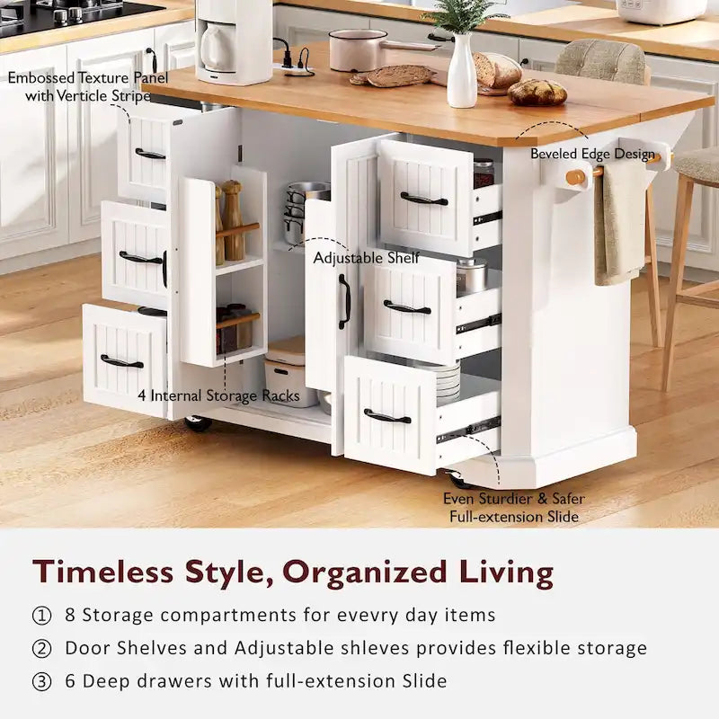 Expandable Drop-Leaf Kitchen Island, Kitchen Cart on 4 Wheels with Power Outlet, Moveable Island Table with 2 Door & 6 Drawers – Image 27