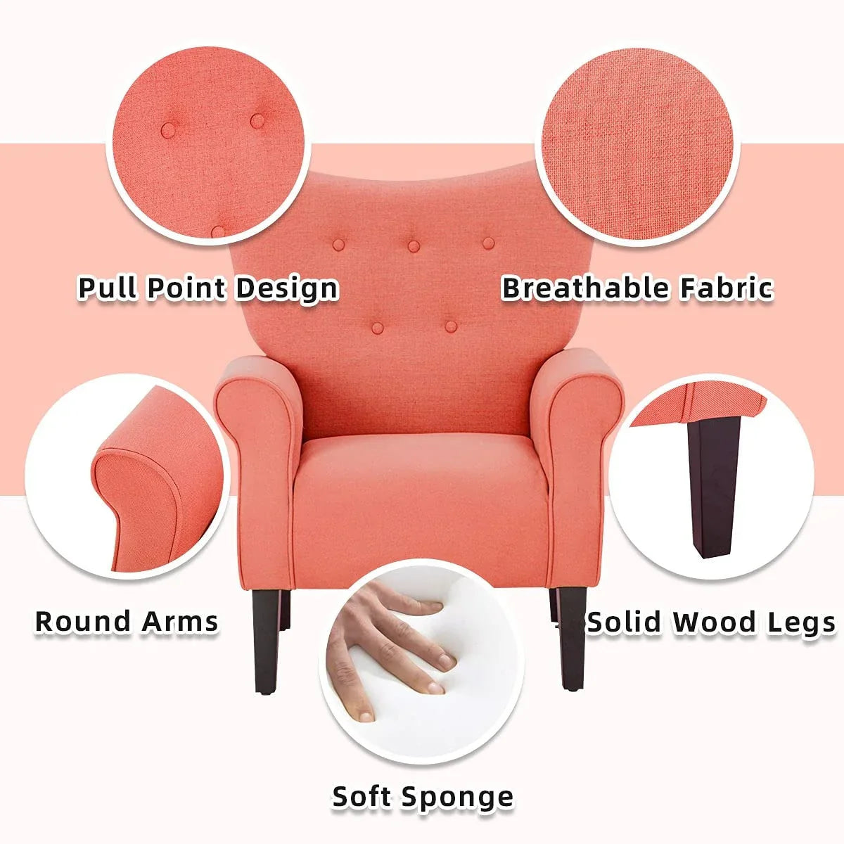 Erommy Modern Accent Chair, High Back Armchair, Upholstered Fabric Button Single Sofa with Wooden Legs for Living Room – Image 18