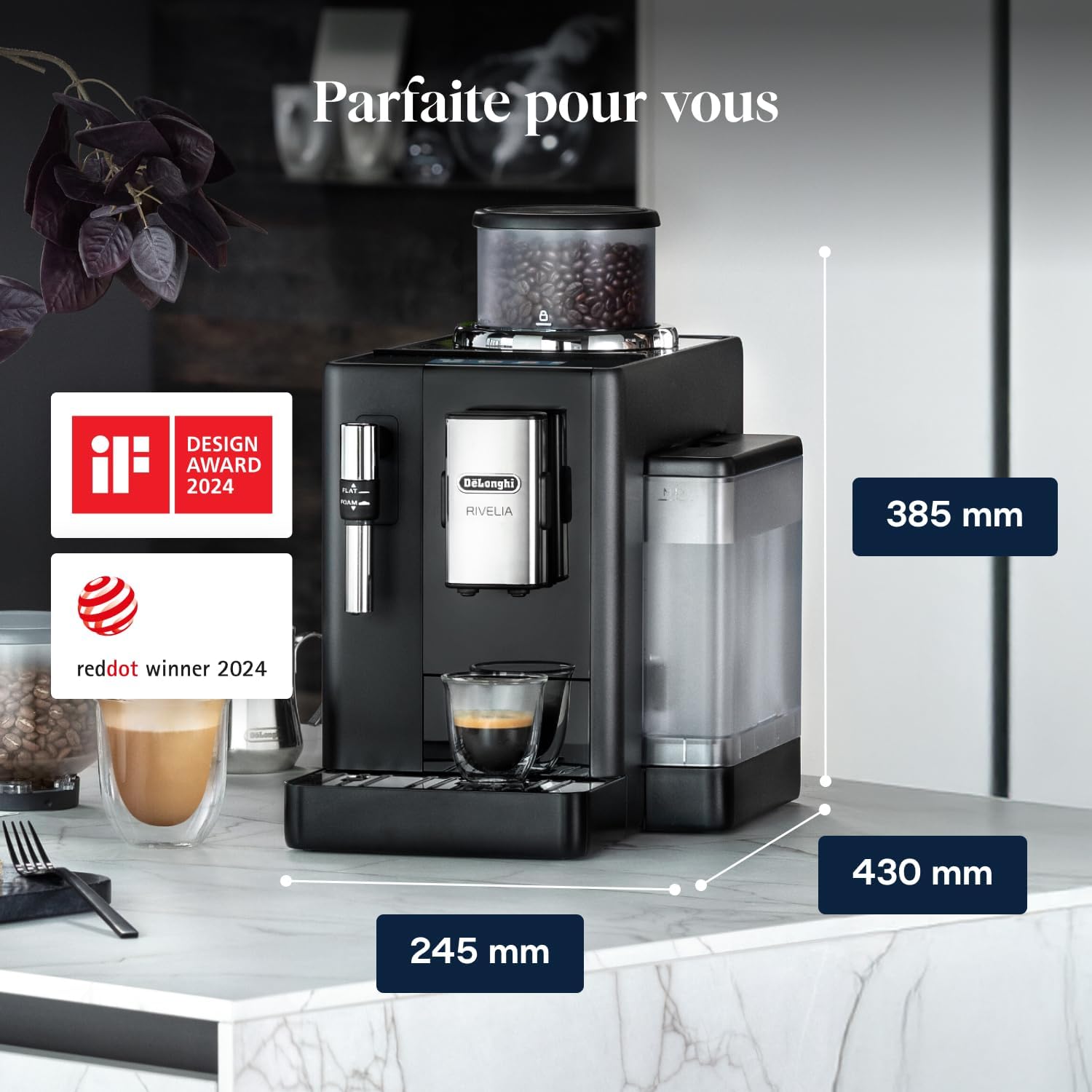 De’Longhi Rivelia - Perfetto Machine à Café Automatique, Mousseur à Lait Classique, 8 Boissons Enregistrées, Écran Tactile Couleur, Réservoir à Grains de Café Interchangeables, Noir (EXAM440.35.B) – Image 4