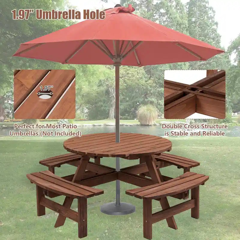 8-Person Outdoor Patio Fir Wood Round Picnic Dining Set with 4 Built-in Benches and Umbrella Hole – Image 7