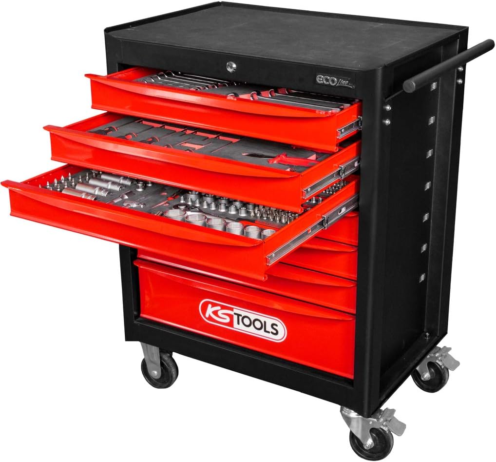 KS TOOLS Noir/Rouge Servante d'atelier Ecoline 7 tiroirs, équipée de 215 Outils, Acier allié, 748 x 1014 x 459 mm