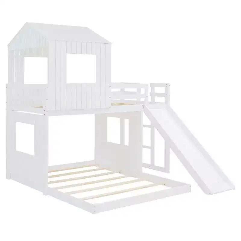 Luxystar Twin Over Full Wood Bunk Bed with Playhouse, Slide and Guardrails – Image 16