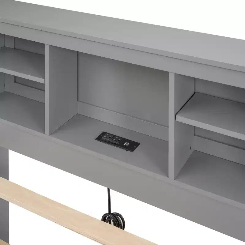 Platform Bed with Trundle and Drawers, Storage Platform Bed with USB, Wood Platform Bed with Bookcase – Image 18