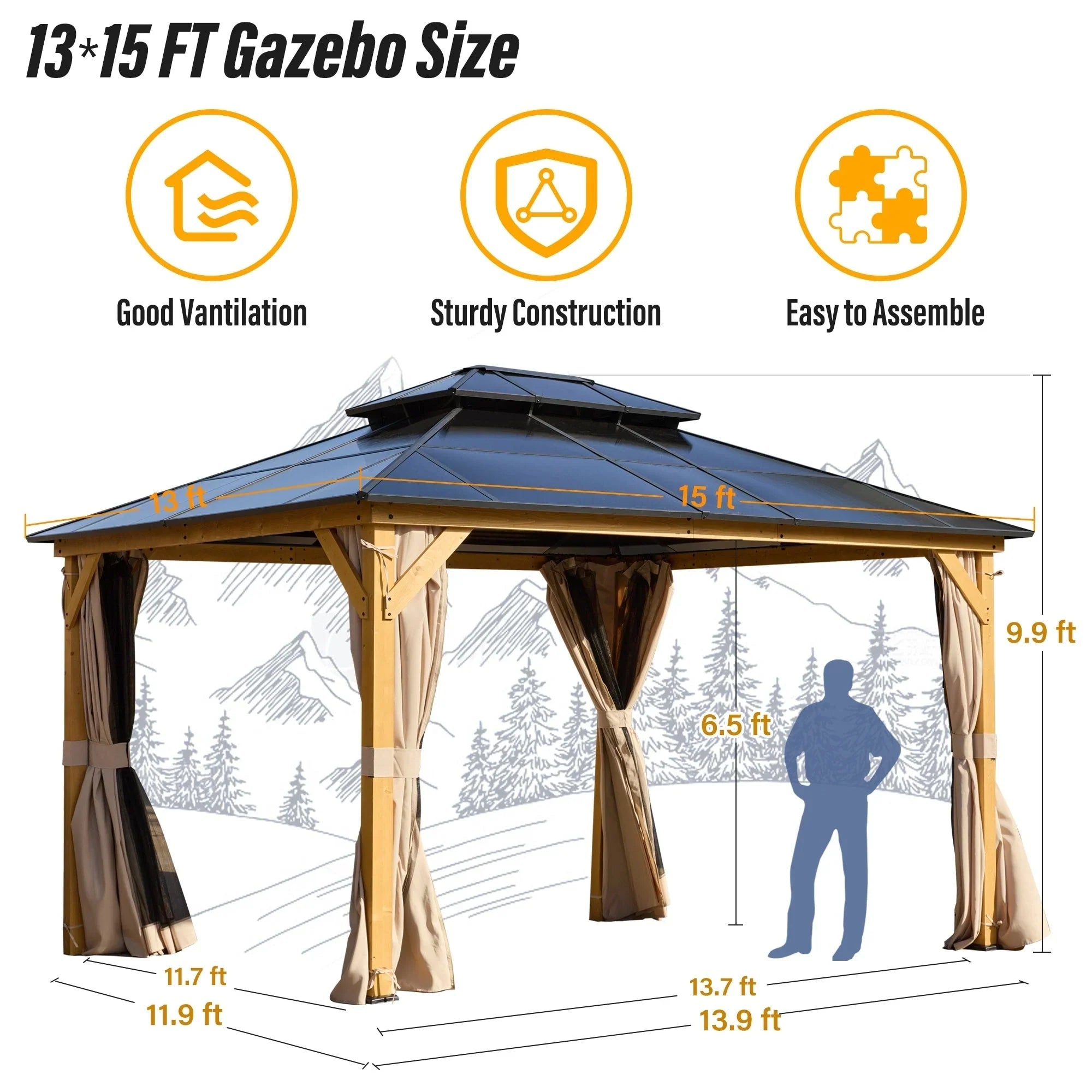EROMMY Hardtop Gazebo,Outdoor Pergola with Double Roof & Netting & Curtains,Heavy Duty Canopy for Patio, Backyard, Pool party – Image 33