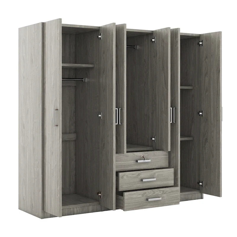 6-Doors Wooden Wardrobe Storage with 3 Big Drawers for Bedroom – Image 21