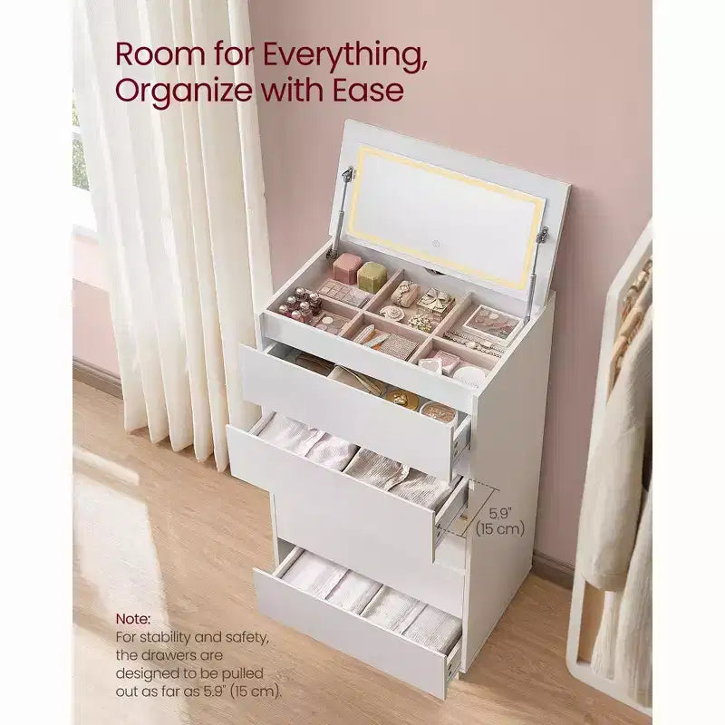 5-Drawer Dresser with Vanity Mirror and Touch Control Adjustable Lights, Modern Chest of Drawers for Bedroom, Sturdy Storage Furniture, Snow White – Image 4