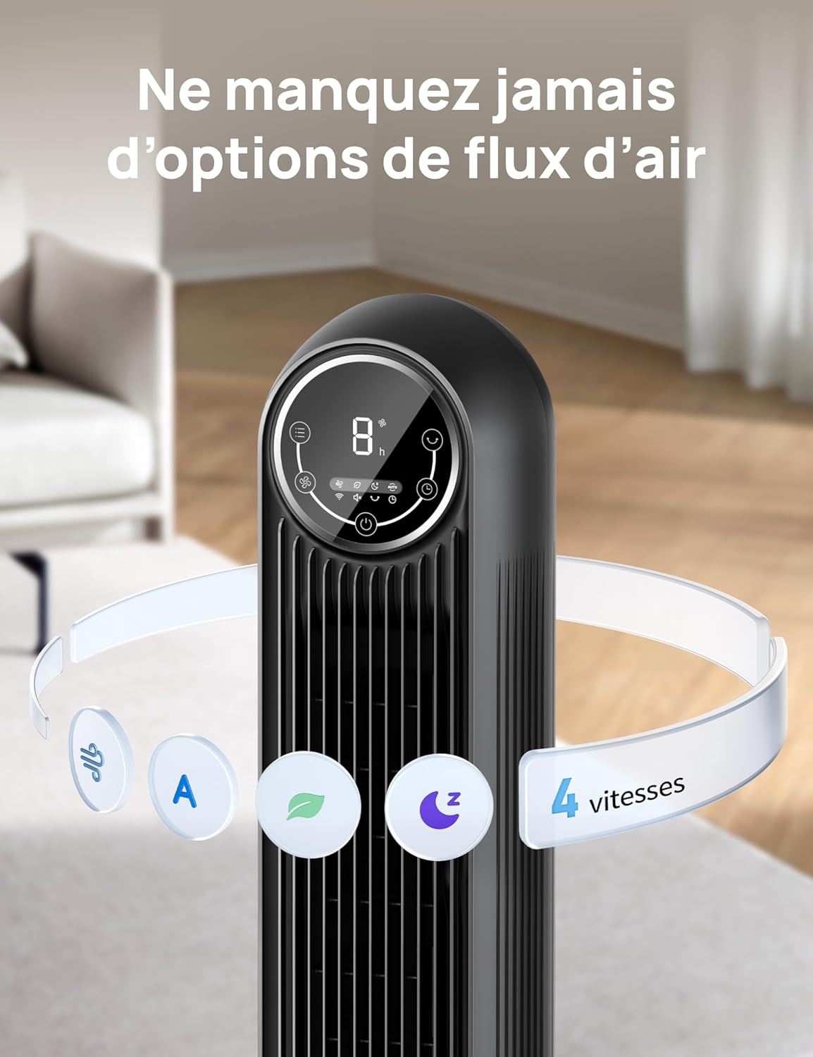 Dreo 20dB ventilateur colonne silencieux pour chambre, 7,6 m/s, oscillant à 90°, 92 cm, avec télécommande, ventilateurs tour équipés de 4 vitesses, 4 modes, et minuterie 8H, noir, Nomad One – Image 6