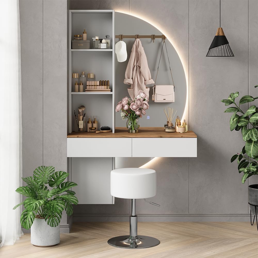 Vicco Coiffeuse Melora, Blanc/chêne, 100cm avec Miroir LED et Tabouret