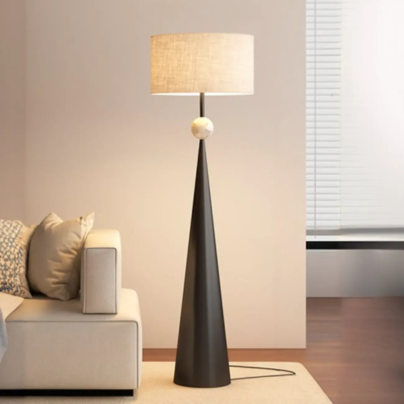 Contemporary Tapered Metal Floor Lamp Fabric Shade – Image 2