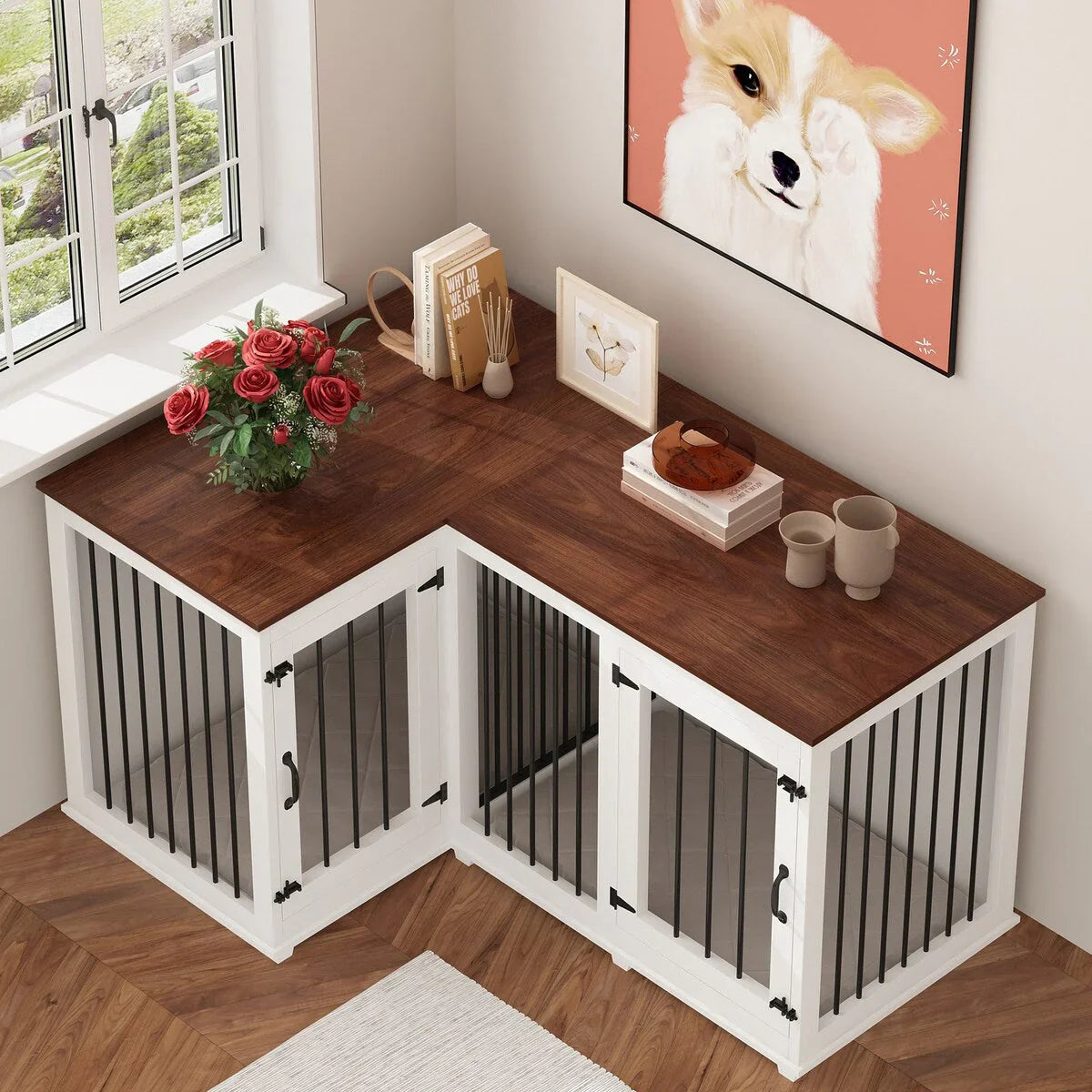 Large Corner Dog Crate Furniture for 2 Dogs, L Shape Dog Crate Cage - 58.7X41.1 – Image 5