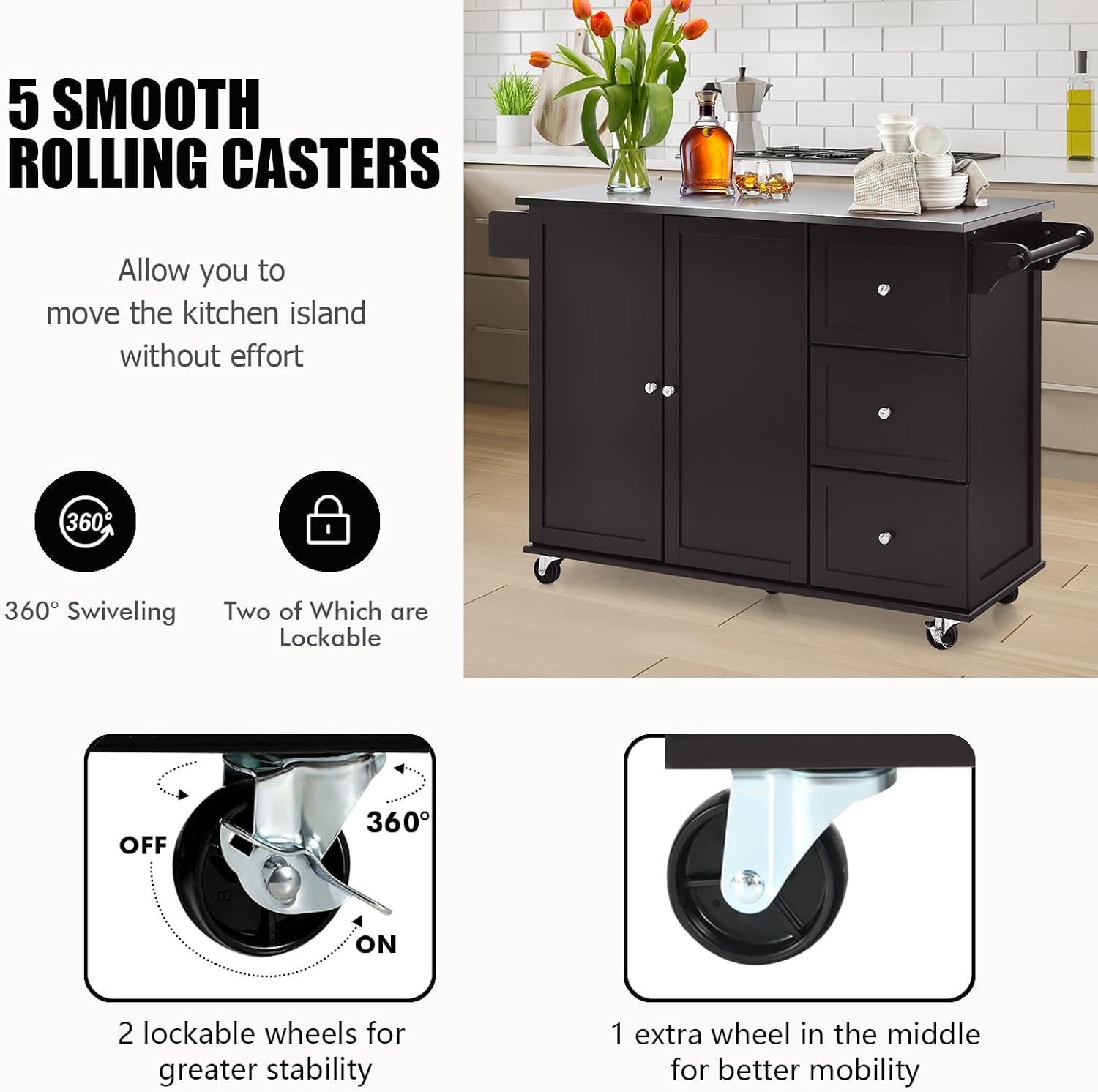 KOMFOTTEU Îlot Central Mobile avec Plan de Travail en Acier Inoxydable, Chariot de Cuisine avec 3 Tiroirs, Porte-Serviettes et Étagère réglable, Desserte sur roulettes, 135 x 45,5 x 91,5 cm Noir – Image 6
