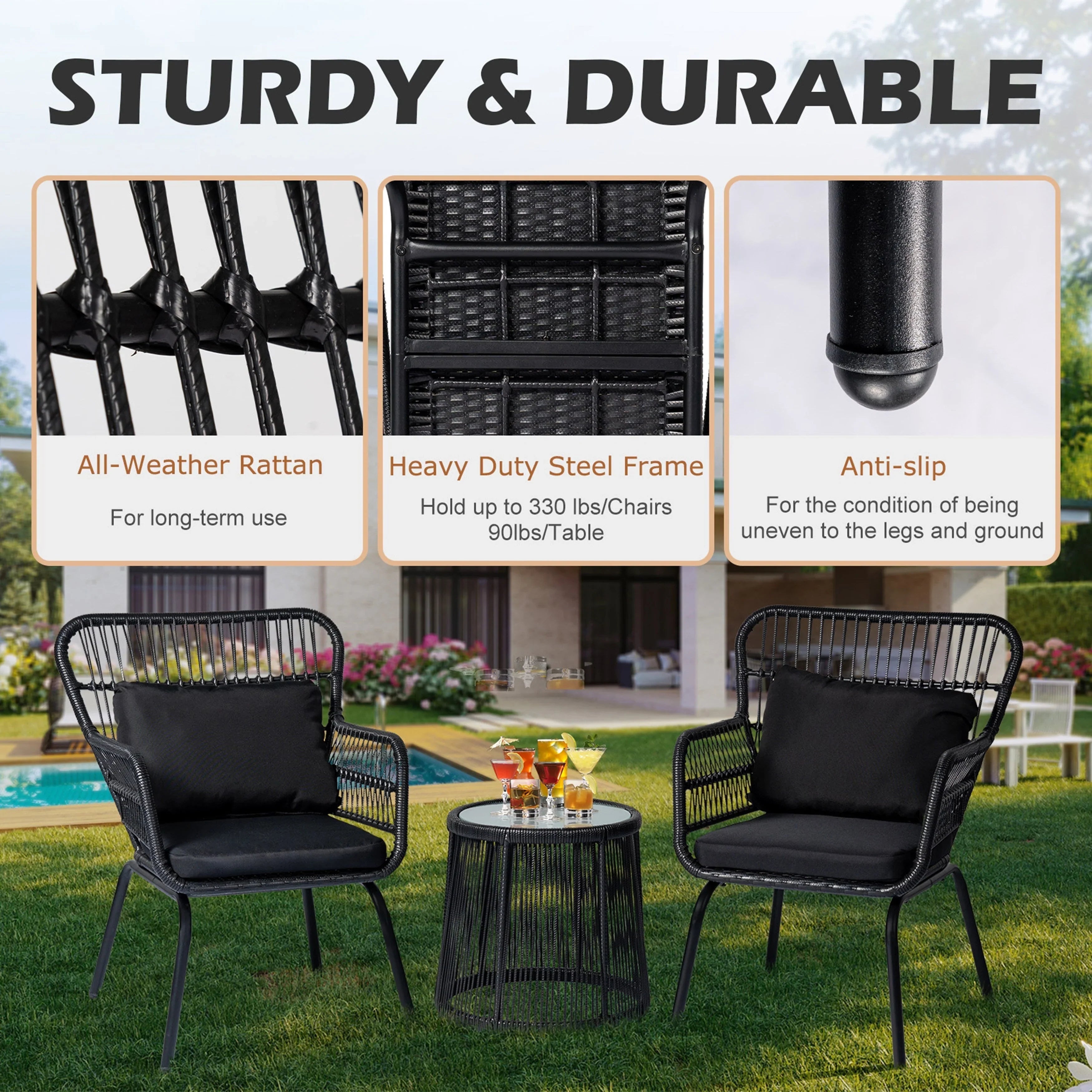 3 Piece Outdoor Wicker Conversation Bistro Set, All-Weather Rattan Furniture Patio Chairs Set with Cushions – Image 49